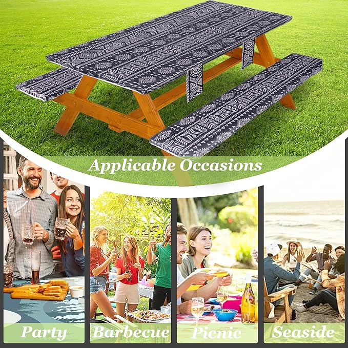 Picnic Table Cover with Bench Covers Vinyl Elastic Edges Fitted Rectangle Seat Tables Waterproof 3-Piece72X30in Set Outdoor Rectangular Folding Backing Tablecloth for Camping Over Size
