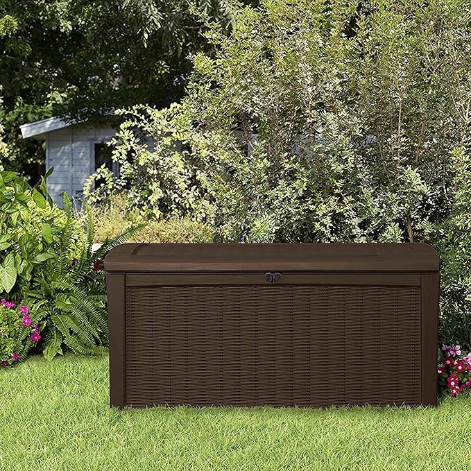 Keter 2-Pack Borneo 110 Gallon Deck Box Organizer, Doubles as 2-Person Bench Seat, Brown – Large Resin Outdoor Storage and Seating with Lockable Lid for Garden, Pool, and Patio