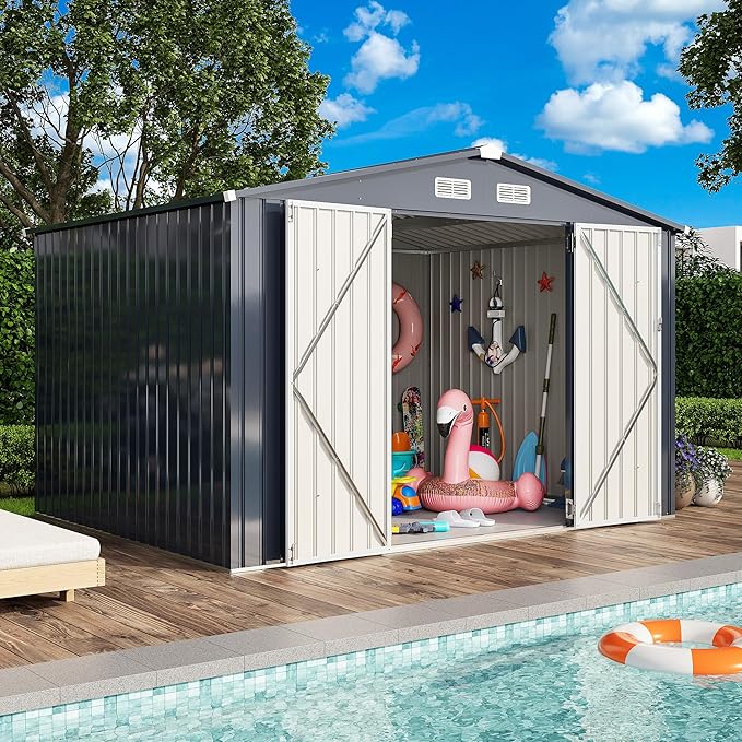 IRONCK 10x8FT Storage Shed, Outdoor Tool Shed with Lockable Doors and Breathable Vent, Outside Metal Garden Storage for Poolside, Backyard, Patio, Dark Blue