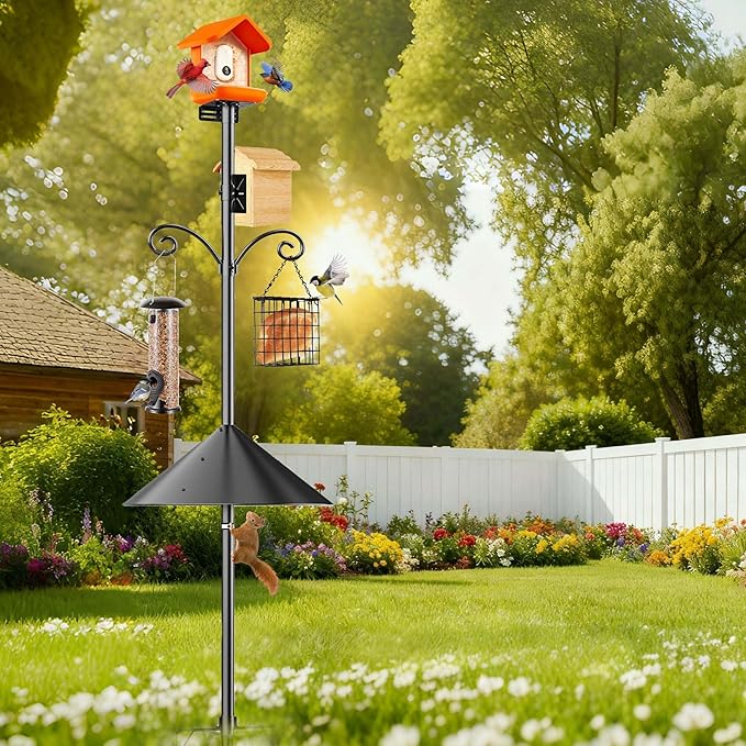 Smart Bird Feeder Pole Stand with Proof Squirrel Baffle - Dia 1 Inch Bird House Pole Mount 79", Double Shepherds Hooks Component, Install 2 Bird Houses, Feeding Station for Outdoors Heavy Duty