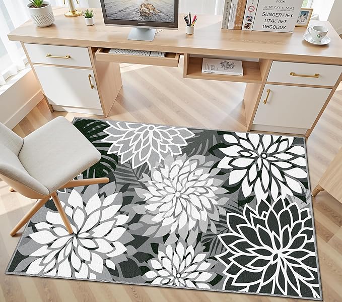 3x5 Washable Rug for Living Room Tropical Botanical Modern Floral Chenille Area Rugs Low Pile Non Slip Carpet for Patio, Bedroom, Laundry, Black