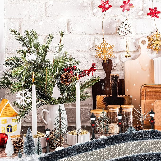 Hotop 18pc Christmas Village Accessories 47.2 Inch Village Roads Mini Snowy Trees Streets Light Lamppost Hedge Figurines Set for Display Winter Holiday Decorations DIY Crafts No Batteries(Rustic)