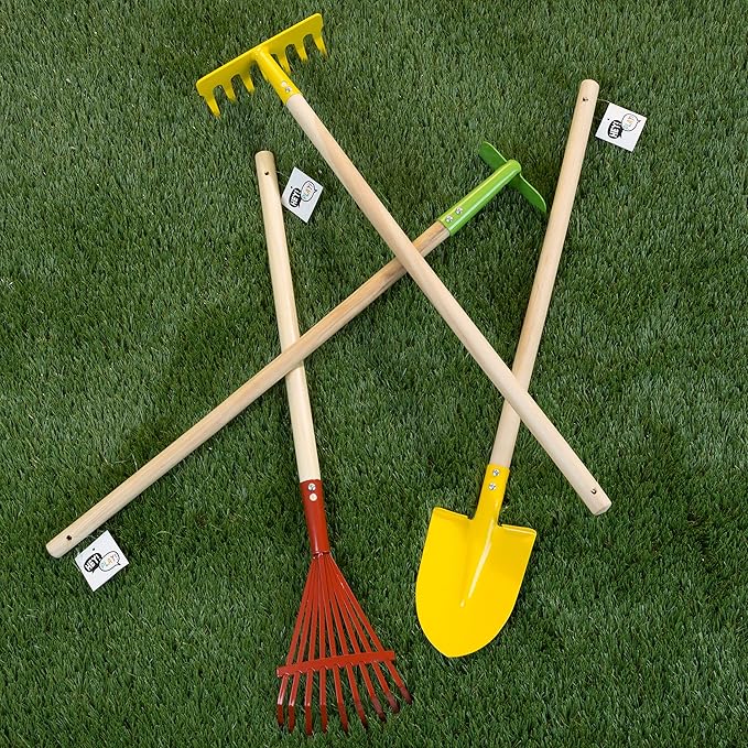 HEY! PLAY! Kids Gardening Set – 4-Piece Mini Garden Tools with Wood Handles – Child-Sized Shovel, Rake, Hoe, and Tined Hoe – Outdoor Toys for Children