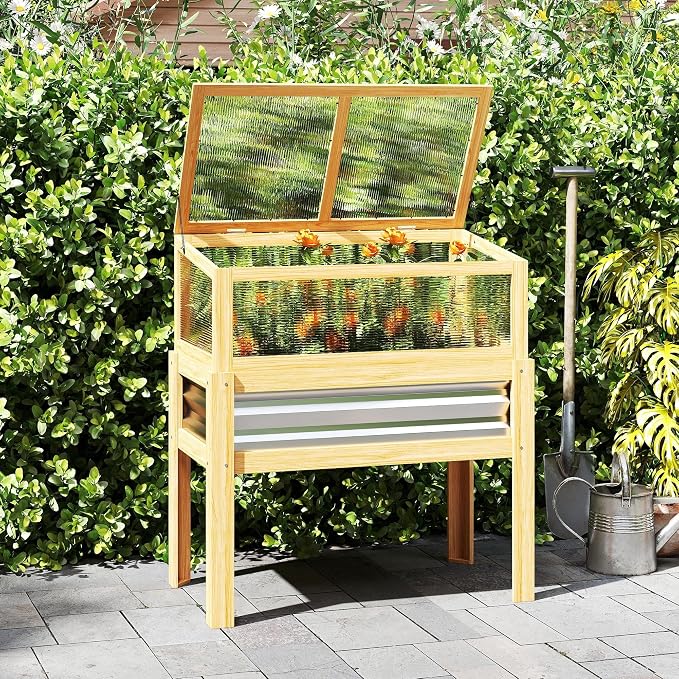Outsunny Wooden Raised Garden Bed with Flip-Up Greenhouse Top, Raised Garden Bed with Legs and Bed Liner, Elevated Planter Box for Flowers, Vegetables, Herbs, Natural
