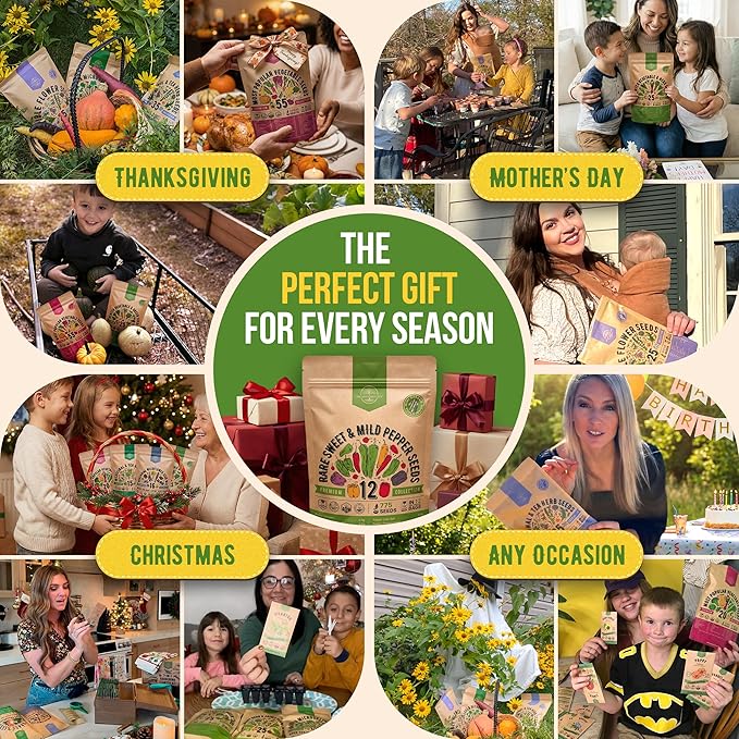 Organo Republic 12 Rare Sweet & Mild Pepper Seeds Variety Pack - 770+ Non-GMO Heirloom Pepper Seeds for Outdoor and Indoor Home Gardening, Including Pepper Anaheim, Pepperonchini, Pimento, Lilac Bell