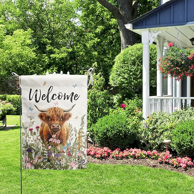 Floral Highland Cow Garden Flag Spring Summer House Flags 28x40 Double Sided Flower Funny Farmhouse Yard Flags for Outside Large Farm Outdoor Welcome Flags