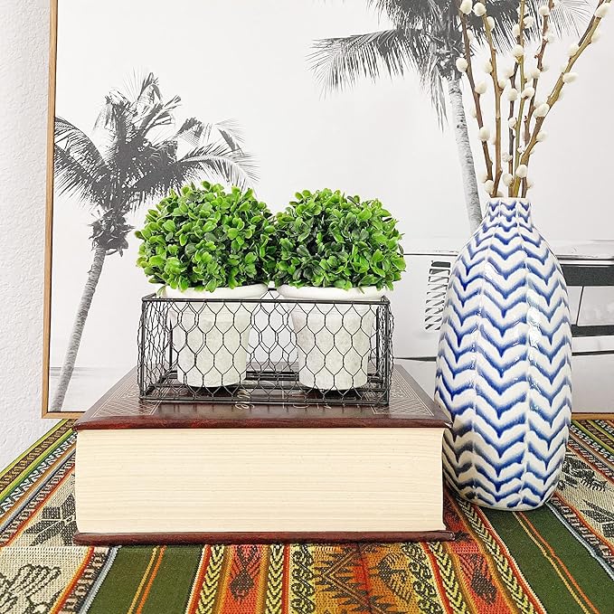 Admired by Nature 2pcs 5" Artificial Boxwood Topiary Faux Topiaries Artificial Boxwood Balls Potted Plant for Wedding Decoration, Home Decor, Office Desk, Front Porch Indoor & Outdoor W/Metal Basket