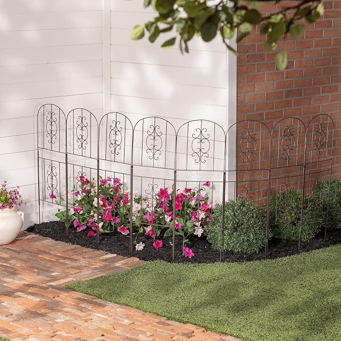 Evergreen Montebello Metal Garden Fence Edging 28" Above Ground, 8 ft Long | No Dig Landscape Edging for Garden, Flower Bed, Yard | Animal Barrier Decorative Fencing for Dogs, Rabbits