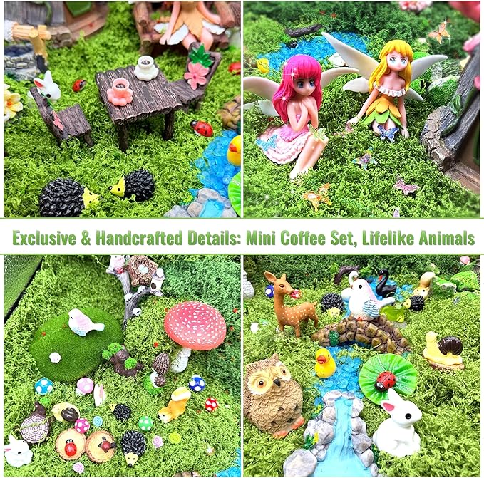 147Pcs Fairy Garden Kit Complete Miniature Figurines Accessories Set with Exclusive Mini Coffee Cups Butterflies DIY Resin Fairy House Mushrooms Animals Trees Decor for Indoor Outdoor Lawn Plant Pots