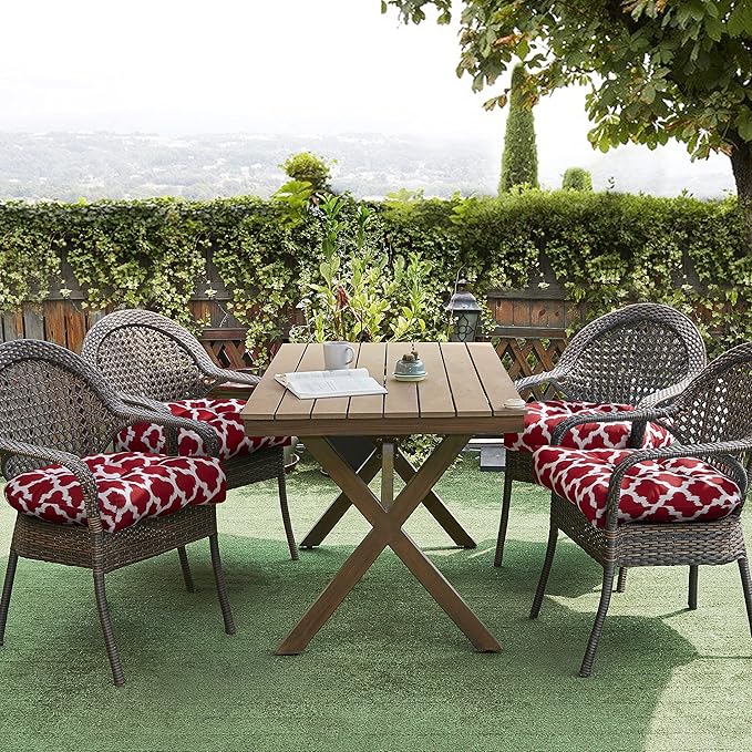 Sweet Home Collection Patio Cushions Outdoor Chair Pads Premium Comfortable Thick Fiber Fill Tufted 19" x 19" Seat Cover, 4 Count (Pack of 1), Tessa Red 12