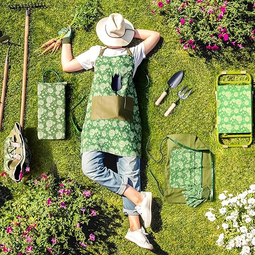 Colwelt Gardening Foam Kneeling Pad Set, Gardening Gifts for Women Gardeners, Elegant Pattern Garden Knee Pad Set, Charming Garden Supplies(Extra Thick Kneeling Mat, Garden Apron with pockets)