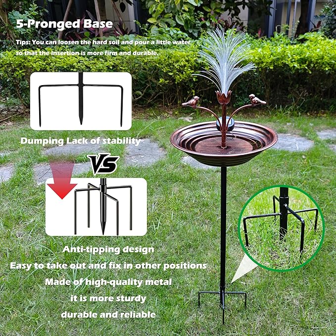 JOYBEE 43In Metal Solar Bird Bathtub with Optical Fiber -Bird Baths Feeder Bowl for Outside, Vintage Freestanding Birdbaths, Bird Baths Outdoor Stake for Garden Patio Yard Lawn Decor (Brown)