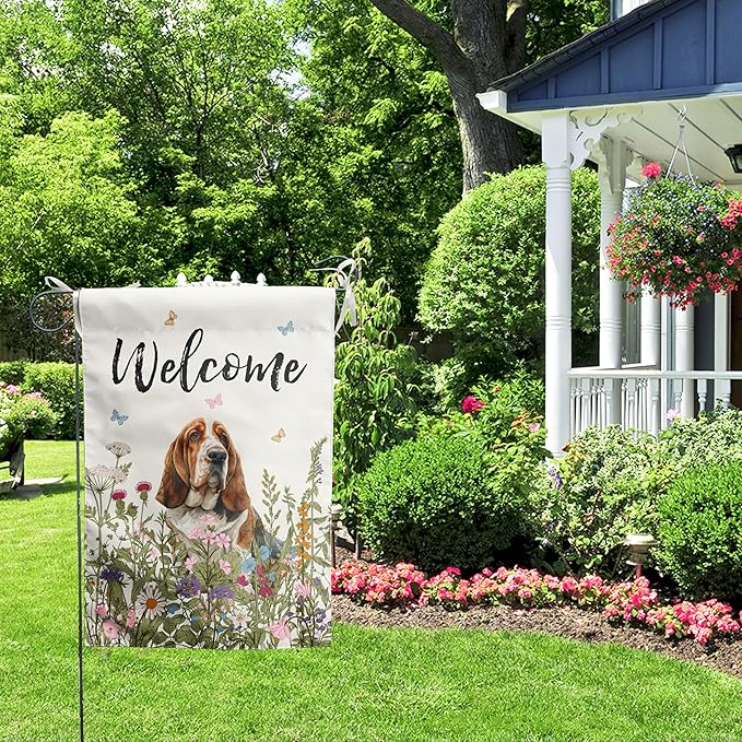 Floral Basset Hound Garden Flag Spring Summer House Flags 28 x 40 Double Sided Flower Dog Yard Flags for Outside Large Outdoor Welcome Flags