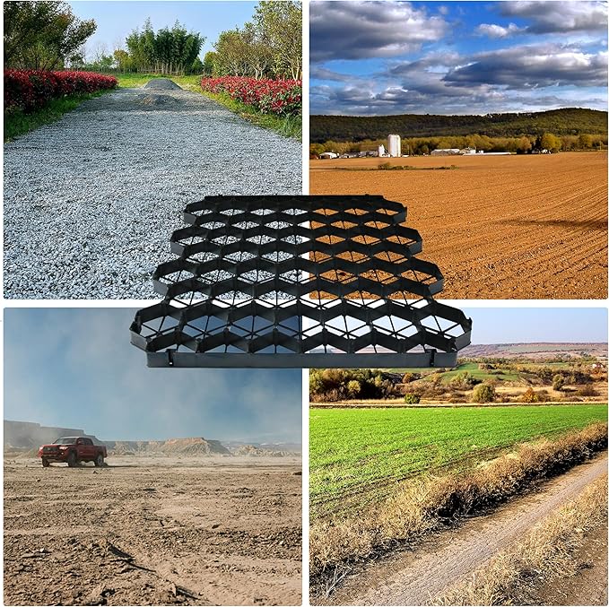 12 Units Permeable Pavers Gravel, Grass& Gravel Driveway System, Interlocked Pavers Gravel Grid Black PE Shed Base 1.6" Depth, 32 Sq Ft (12)
