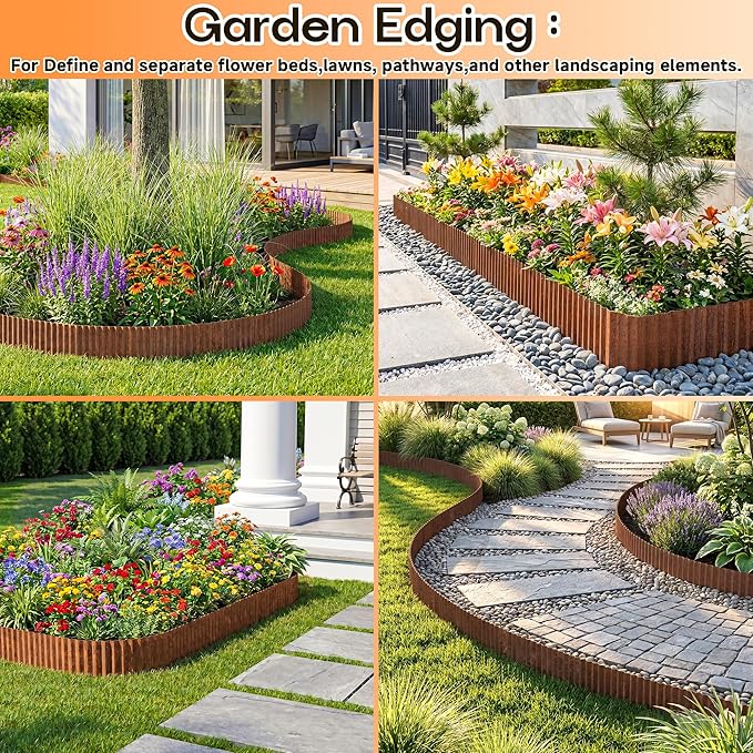 MTART Metal Garden Edging for Landscaping, Sturdy Corrugated Edging Border for DIY Flower Bed, Lawn and Landscape Edging (Rusty, 8"×20Ft)
