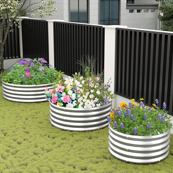 2PCS 2x2x1ft Galvanized Raised Garden Bed Kit-Round Garden Bed Outdoor Planter Box for Vegetables,Flowers,Herbs,Easy Assembly,Silver