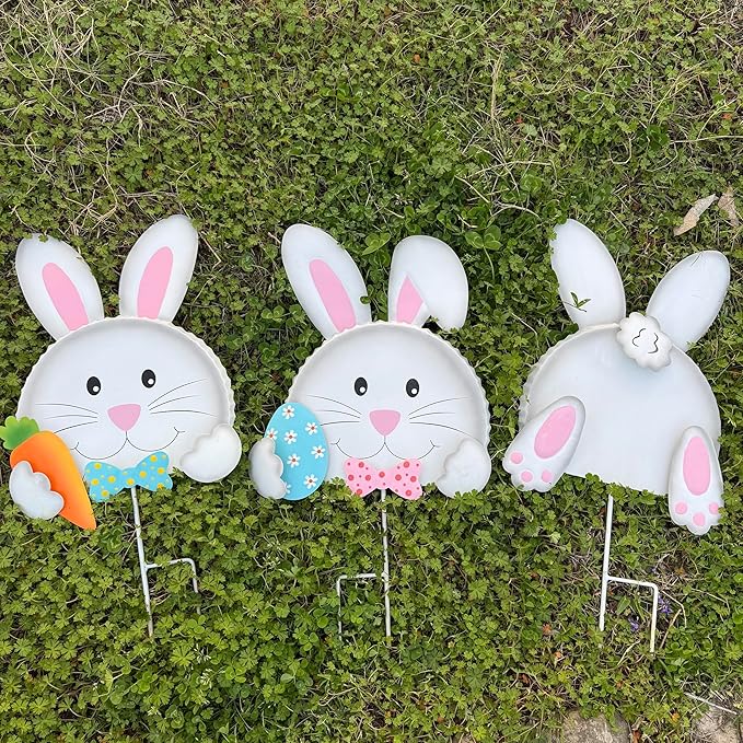 Easter outdoor decorations,Bunny Yard Signs,3D Sculptures,Easter Yard Stakes,Set of 3,Durable Weather-Resistant Design, Rabbits Garden Stakes for Home Outside Lawn, Garden, Patio, Outdoor Decor
