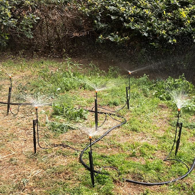 12 Sets 180° Drip Micro Spray Emitters with Sprinkler Stake, Drip Sprinkler Heads with Adjustable Riser 1/4" Irrigation Tubing and Barbed Coupler,Micro Sprinkler Assembly for Garden Irrigation System