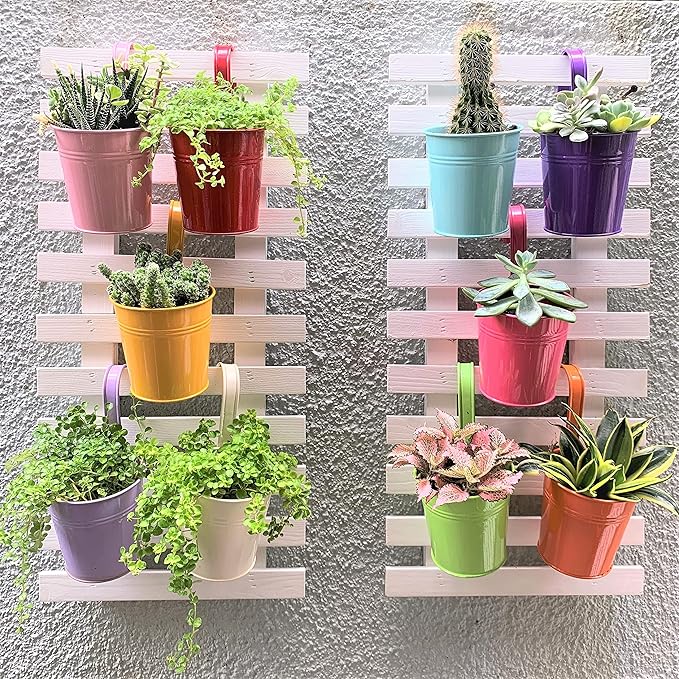 ShopLaLa Bundle- 2 Pack, 23.6 Inch Wooden Plant Holder + 10 Pack, 4 Inch Colored Metal Pots, Vertical Herb Plant Wall Mount Hanging Bucket Unique Garden System Rustic White Ladder Frame Indoor Decor