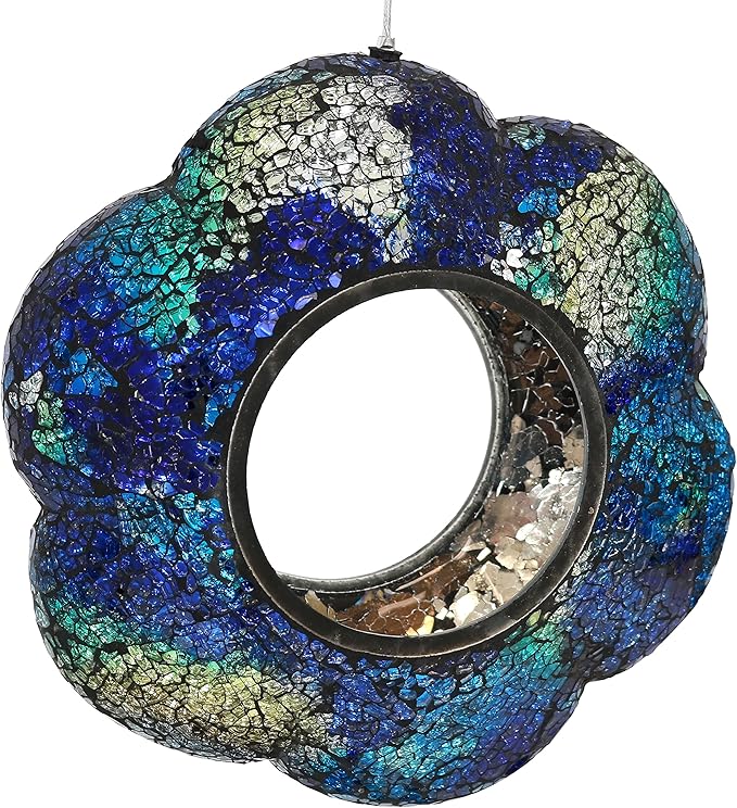 Sunnydaze 10-Inch Glass Mosaic Hanging Bird Feeder for Outdoors - Fly-Through Glass Bird Feeder for Cardinals, Jays, Finches and More - Indigo Flower Mosaic