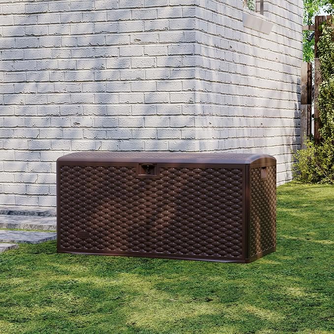 99 Gallon Waterproof Resin Outdoor Deck Box - Lockable Outdoor Storage Box As an Extra Seat - 500 Lbs Capacity Storage Container for Patio and Pool