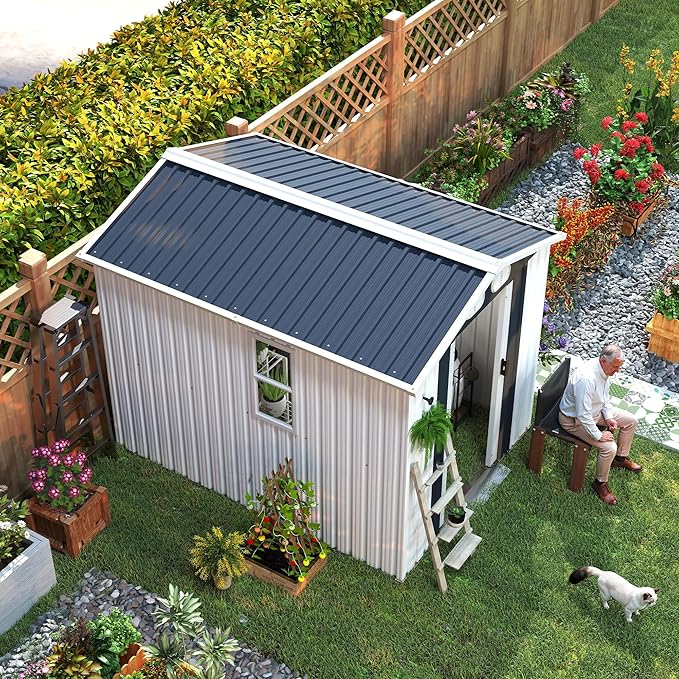 KEIKI 8x6 FT Heavy-Duty Outdoor Storage Shed, Metal Shed with Reinforced Frame, Lockable Doors & Air Vents, Weatherproof Garden Tool Shed for Backyard, White
