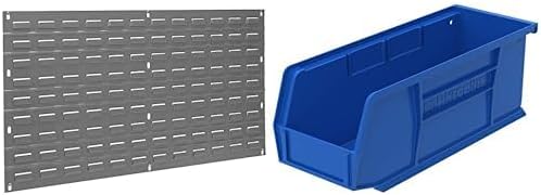 Akro-Mils 36"x19" Steel Wall Mount Louvered Panel with 12-Pack of 11"x4"x4" AkroBins Stackable Plastic Storage Bins (Blue), Organization Bundle for Garage, Workshop, Classroom