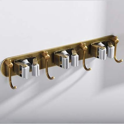 Mop Broom Holder Wall Mount Garden Tool Organizer, Brass Heavy Duty Tool Hanger with 3 Racks 4 Hooks for Kitchen Bathroom Closet Garage Office Laundry