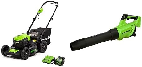 Greenworks 40V 21" Brushless Cordless Electric Lawn Mower, Leaf Blower (120 MPH / 500 CFM), 5.0Ah Battery and Charger