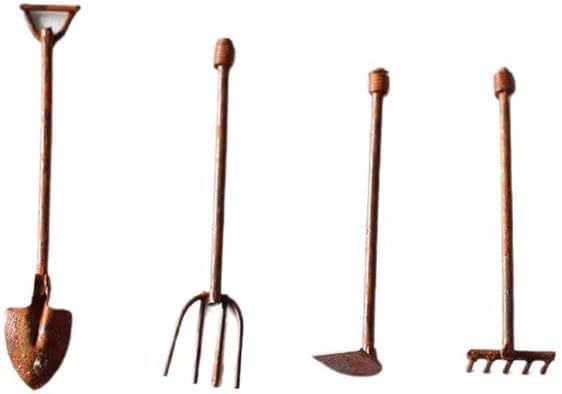 4 Pcs Miniature Dollhouse Garden Tools 1:12 Mini Rusty Shovel Hoe and Pitchfork Fairy Garden Accessories Furniture Ornaments Micro Landscape Decor Garden Sculptures Statues, Decorations