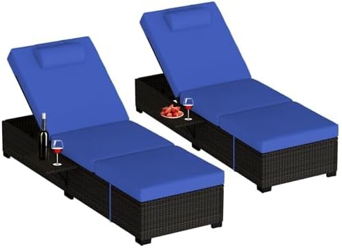 Garvee Outdoor Chaise Lounge Set of 2, 5-Position Adjustable Reclining PE Wicker Lounge Chairs with Cushions for Poolside, Garden, Patio, Backyard, Blue