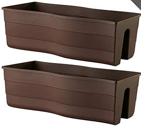 Ridge Rail Long Rectangular Flower Pot, Indoor/Outdoor Hanging Rail Planter Lightweight & Weatherproof Flower Box - Balcony Planters for Railing and Fence Patio, Deck 2 Pack (Brown)