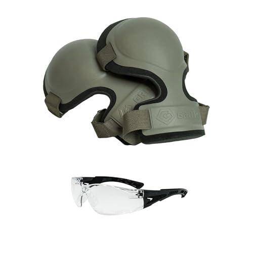 GRITR 2-Piece Tactical Knee Pads and Shooting Glasses Set for Hunting, Shooting, Construction & Outdoor Work – Ranger Green Knee Pads, Black Frame Glasses