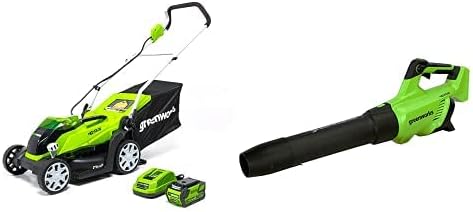 Greenworks 40V 14" Cordless Electric Lawn Mower, Leaf Blower (120 MPH / 500 CFM), 4.0Ah Battery and Charger