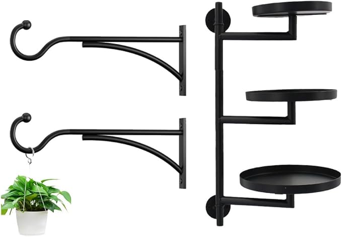 Outdoor Plant Hanging Hooks for Wall,Metal Bracket for Hanging Baskets, Wind Chimes, Flower Baskets, Rotating Wall Plant Shelves Stand Holder, Indoor 3 Tiered Metal Floating Plant Shelf Hanger