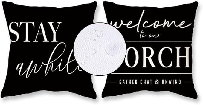 TAJWE Outdoor Pillow Covers Waterproof 16x16 Set of 2 Black and White Decorative Welcome to Our Porch Stay Awhile Cushion Cases for Patio Furniture Sofa Couch Decor
