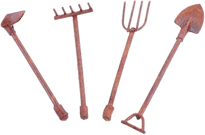 4 Pcs/Set Miniature Dollhouse Garden Tools 1:12 Mini Rusty Shovel Hoe and Pitchfork Fairy Garden Accessories Furniture Ornaments Micro Landscape Decor (1.96~2.16Inch Long x 0.39Inch Wide)