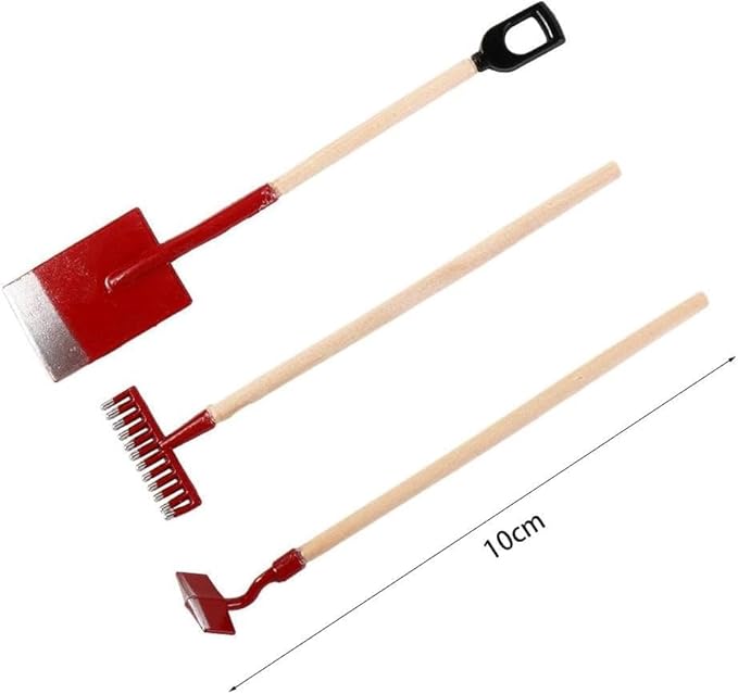 3Pcs Miniature Garden Tools 1:12 Mini Shovels and Rake Farm Tools Fairy Garden Furniture Dollhouse Accessories (Green)