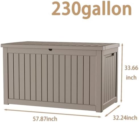 230 Gallon Deck Box, Waterproof Resin Outdoor Storage Box with Lockable Lid, Patio Storage Box with Fade Resistant for Patio Furniture Cushions, Pool Accessories, Garden Tools, Light Coffee