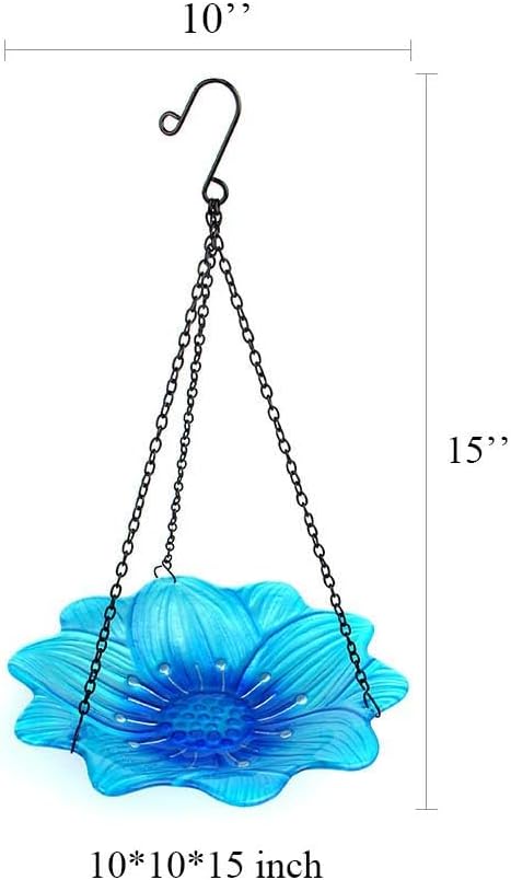 HONGLAND Bird Baths for Outside,10 Inch Small Blue Glass Birdbaths Outdoor,Detachable Bird Feeder with Metal HangingStake for Garden Yard Patio Decor,15" Height