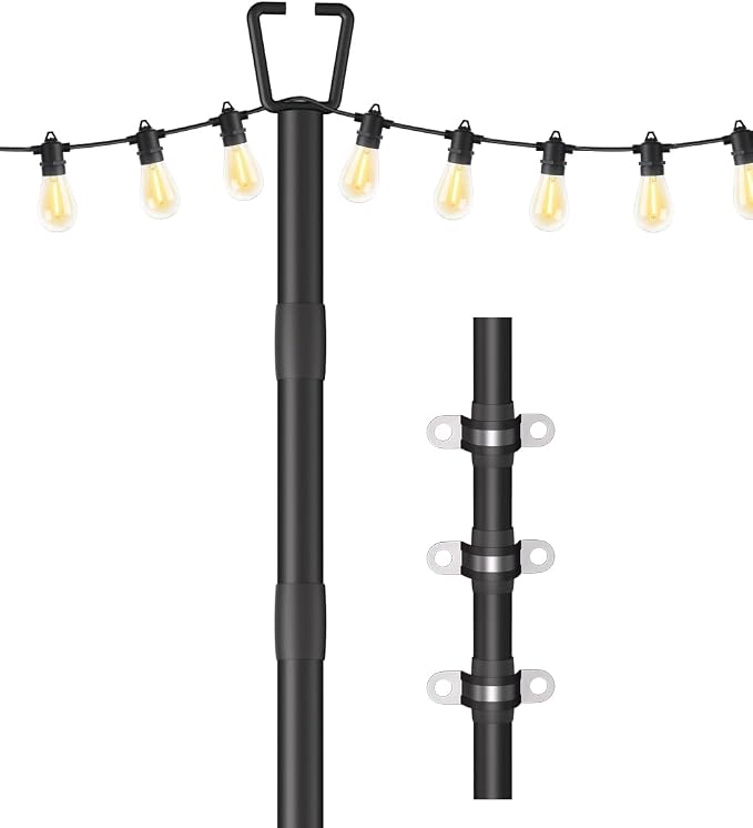 10FT String Light Poles for Outdoor Decor, Sturdy Light Pole with Fence Brackets, Adjustable Metal Posts for Outside Patio, Backyard, Deck, Garden, Party, Wedding