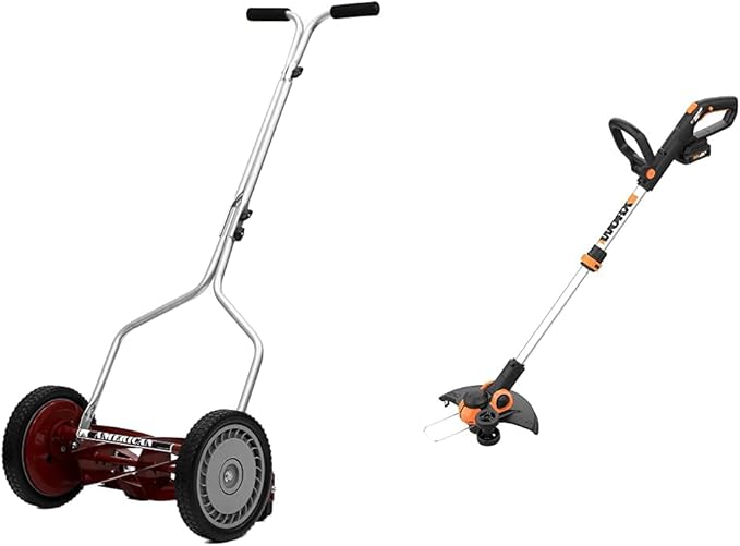 American Lawn Mower 5-Blade Push Reel Lawn Mower and Worx GT3.0 20V PowerShare 12" String Trimmer & Edger