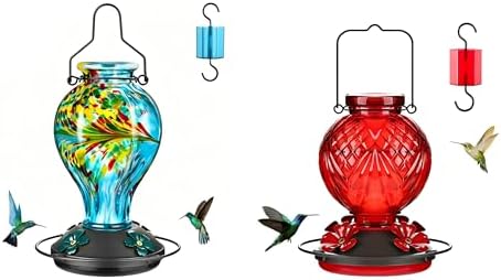 24oz Hand Blown Glass Hummingbird Feeders for Outdoors Hanging 1 Pack Blue Phoenix, 20oz Wild Bird Nectar Feeder 1 Pack Red