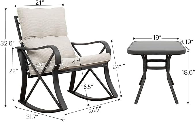 COSIEST 3 Piece Bistro Set Patio Rocking Chairs Outdoor Furniture w Beige Cushions, Glass-Top Table for Garden, Pool, Backyard
