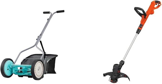 American Lawn Mower Company 1304-14GC 14-Inch 5-Blade Push Reel Lawn Mower with Grass Catcher, Mint & Black+Decker ST8600 5.0 AMP String Trimmer, 13 Inches