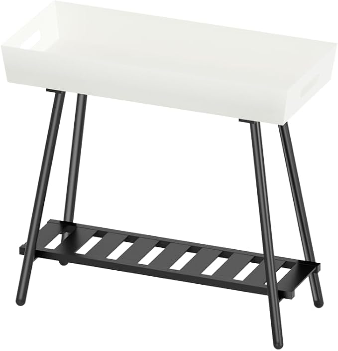 2-Tier Aluminum Plant Stand Indoor Outdoor with Built-in Handles, Anti-Fall Top Storage Box, Heavy Duty Multi-Use Plant Rack & Display Shelf for Patio Garden Lawn Balcony Living Room