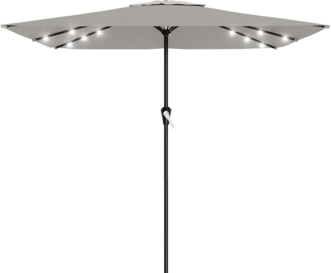 AreShark 8' X 10' Rectangular Patio Umbrella with Solar Lights, Lighted Solar Umbrella with Crank, Outdoor Table Umbrella for Garden, Deck, Backyard, Pool and Beach, Light Gray