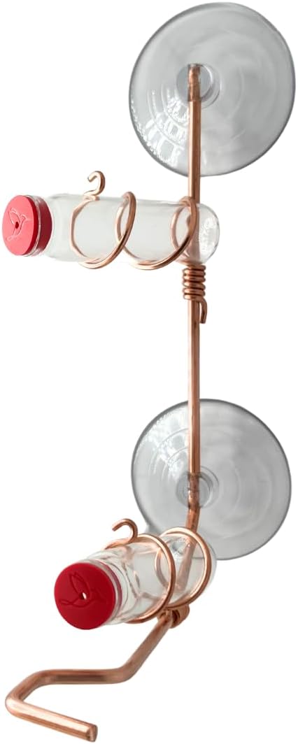 Window Hummingbird Feeder | Handcrafted Copper and Aluminum | Multiple Stations | Modern Hummingbird Feeder | Home Décor | Glass Bottles | Suction Cups (Copper, Two Station)