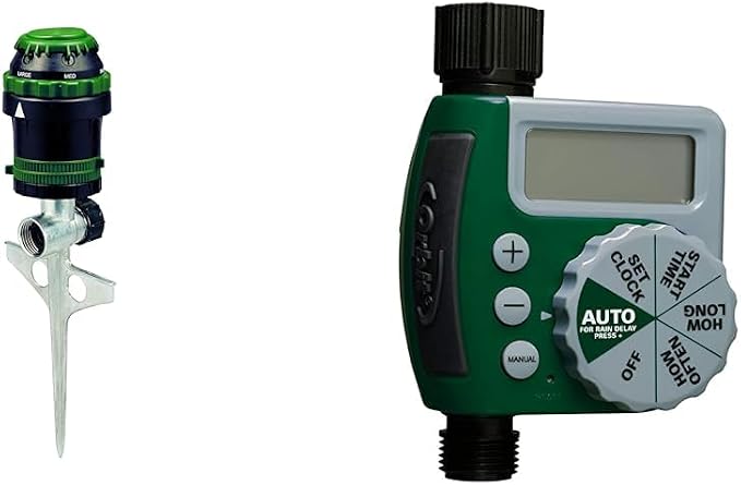 Orbit 58573N H2O-6 Gear Drive Sprinkler, Spike B 58573, Green & 62061Z Single-Outlet Hose Watering Timer, 1, Green
