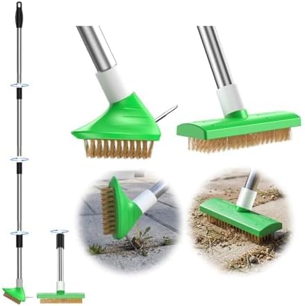 3-in-1 Crack Weeder Tool, Adjustable Long Handle Moss Remover with Wire Brush & Scraper, Stainless Steel Crevice Weeding Puller for Sidewalk, Driveway, Patio, Pavers, Garden